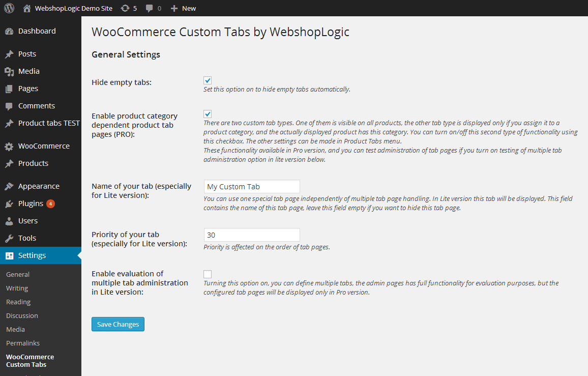 WooCommerce Custom Tabs Lite Option Page