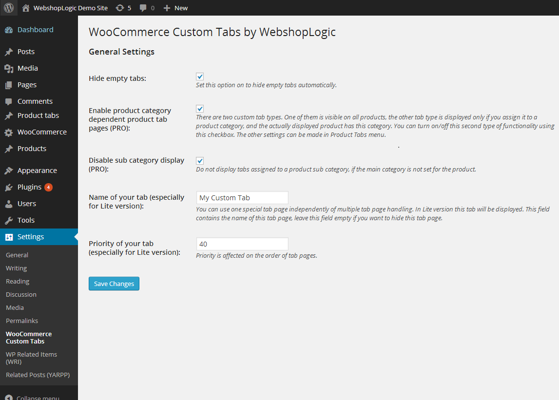 WooCommerce Custom Tabs Pro Option Page
