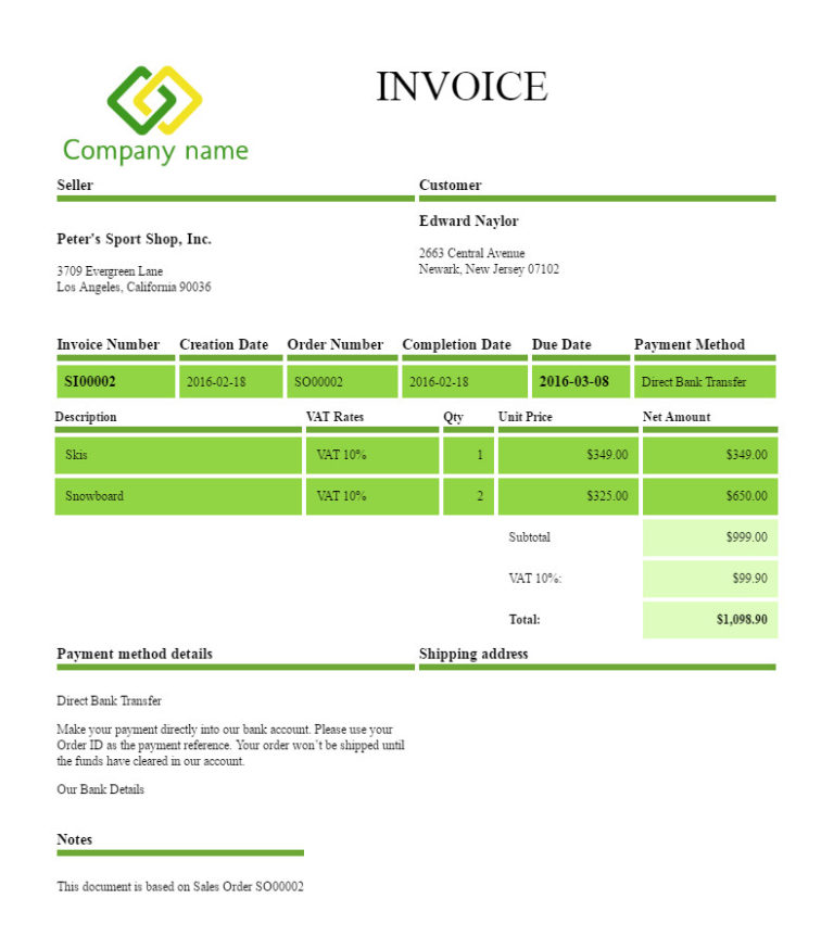 Filogy Invoice for WooCommerce "Stylish Green Lines and Table"