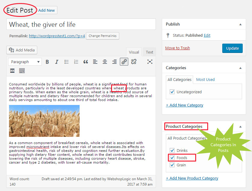 Use common words in titles, content. Offer related products and posts to your WP blog posts.